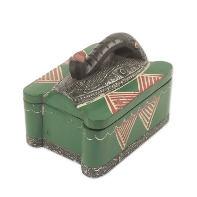 Wood decorative box, 'Elephant Treasures' - Aluminum Elephant Mask on Green Decorative Wood Box