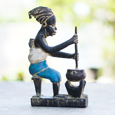 Escultura de madera - Escultura Africana Mujer y Niño Cocinando Madera Tallada a Mano