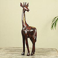 Wood and brass sculpture, 'Poised Giraffe' - Artisan Crafted Wood and Brass Animal Theme Sculpture