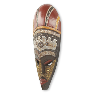 African wood mask, 'Powerful Ohene' - African King Wall Mask Crafted with Wood Aluminum and Brass