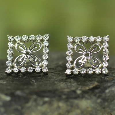 Sterling silver button earrings, 'Cola Nut' - Adinkra Symbol Sterling Silver and Cubic Zirconia Earrings