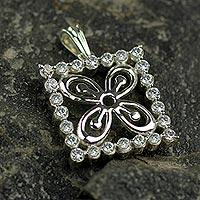 Adinkra Symbol Sterling Silver and Cubic Zirconia Pendant,'Cola Nut'