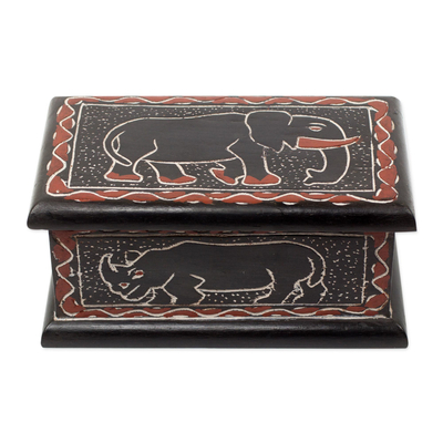 Hand Carved Rustic Decorative Box with African Animals
