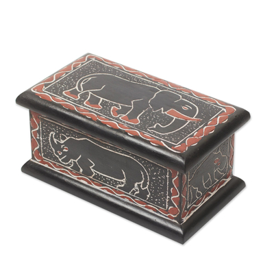 Wood box, 'Wildlife of Africa' - Hand Carved Rustic Decorative Box with African Animals