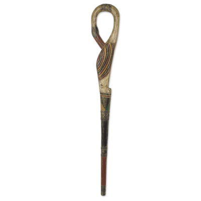 Wood walking stick, 'Look Back' - African Adinkra Theme Hand Carved Walking Stick