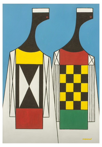 'African Men' - Ghana Stylized Signed Portrait of Men in Primary Hues