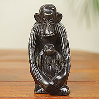 Ebony sculpture, 'Mother Chimp' - African Hand Carved Ebony Chimpanzee Motherhood Sculpture