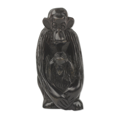 African Hand Carved Ebony Chimpanzee Motherhood Sculpture
