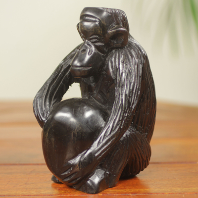Ebony sculpture, 'Mischievous Chimp' - Ghana Hand Carved Ebony Chimpanzee Sculpture