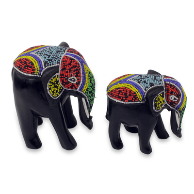 Hand Carved Elephant Beaded Wood Sculptures (Pair)