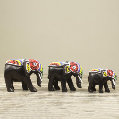 Wood sculptures, Colorful African Elephants (set of 3)