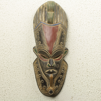 Afrikanische Holzmaske - Handgeschnitzte afrikanische Maske mit geprägtem Aluminium