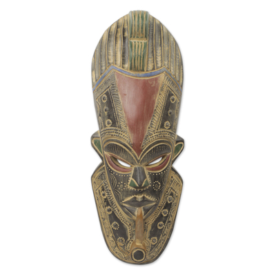 African wood mask, 'Smoking a Pipe' - Hand Carved African Mask with Embossed Aluminum