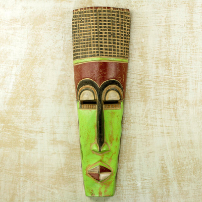 African wood mask, 'Tall Man' - Slender 20-Inch Hand Carved Neon Green West African Mask