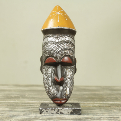 African wood mask, 'Congo King' - Artisan Crafted African Mask and Stand