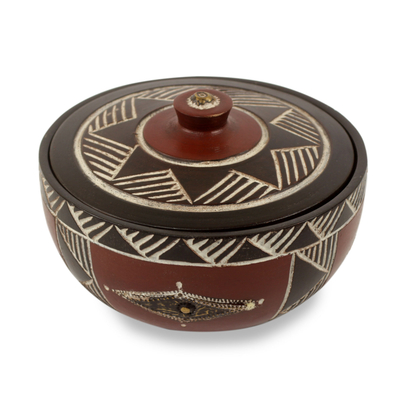 Wood decorative bowl, 'Odo' - African Decorative Wood Lidded Bowl Carved by Hand