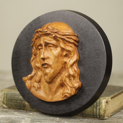 Teak relief sculpture, 'Agony of Christ ' - Hand Carved Teak Wood Wall Sculpture Depicting Jesus