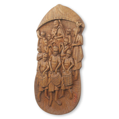 Teak relief panel, 'Chief's Procession' - Traditional Ghanaian Festival Scene in Hand-Carved Teak