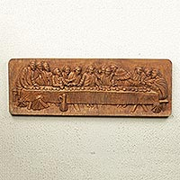Teak relief panel, 'The Last Supper' - Christian Art Wall Sculpture Relief Panel from Ghana