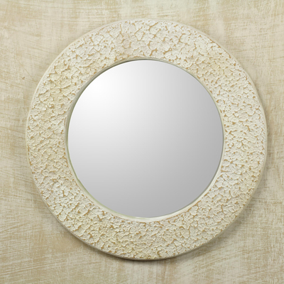 Wall mirror, 'Cape Coast Cream' - Ghana Cream and White Handcrafted Wall Mirror