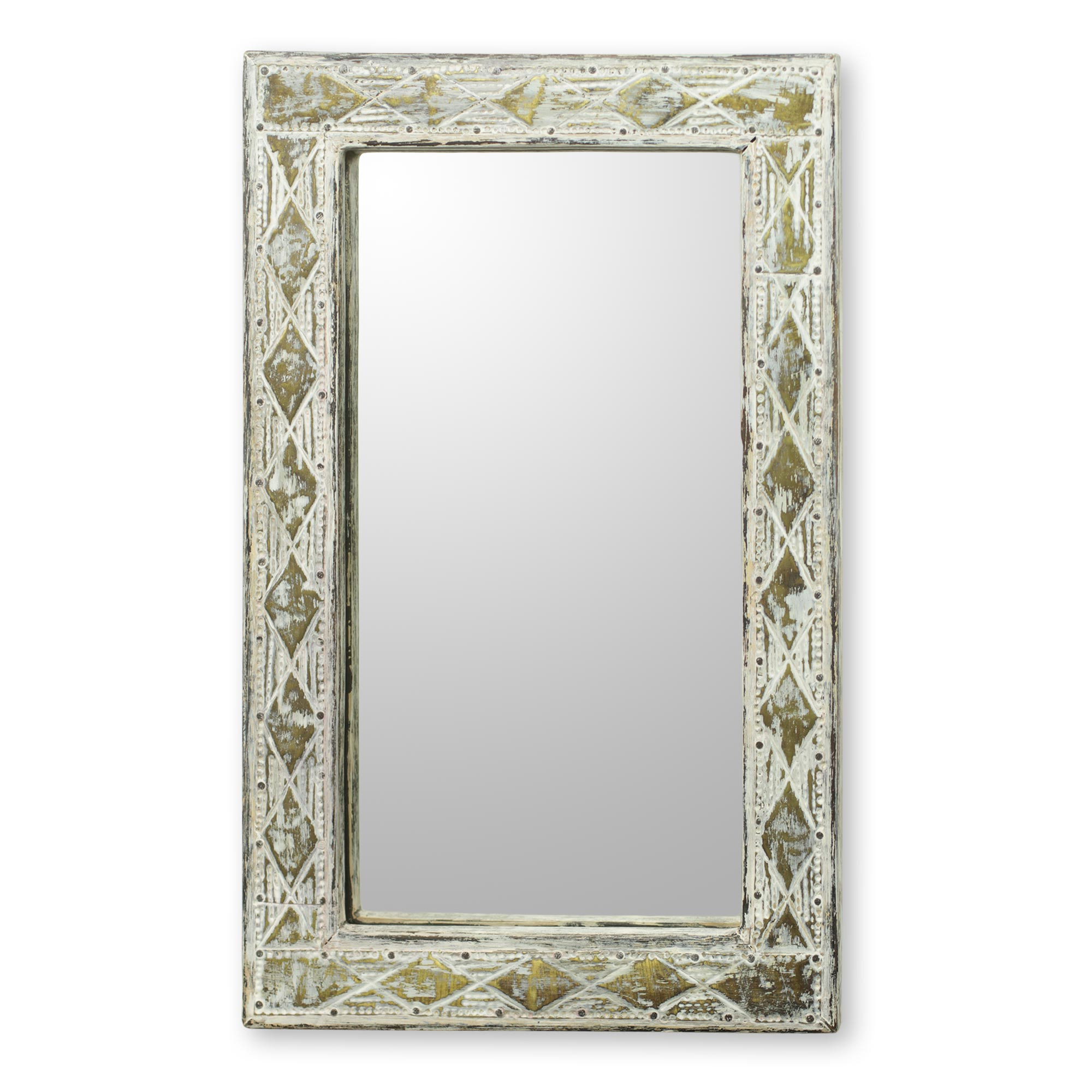 White Rustic Wall Mirror with Brass Inlay - Antique White | NOVICA