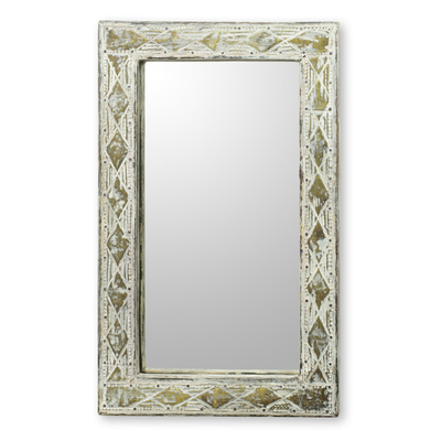 Espejo de pared de madera y latón - Espejo de pared rústico blanco con incrustaciones de latón