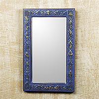 Wood and brass wall mirror, 'Antique Blue' - Handcrafted Wall Mirror in Rustic Blue with Brass Inlay