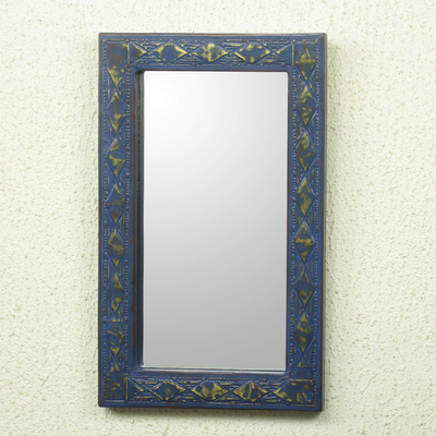 Wood and brass wall mirror, 'Antique Blue' - Handcrafted Wall Mirror in Rustic Blue with Brass Inlay