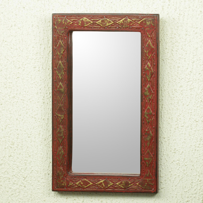 Wall mirror, 'Antique Scarlet' - Ghana Artisan Crafted Rustic Wall Mirror in Red