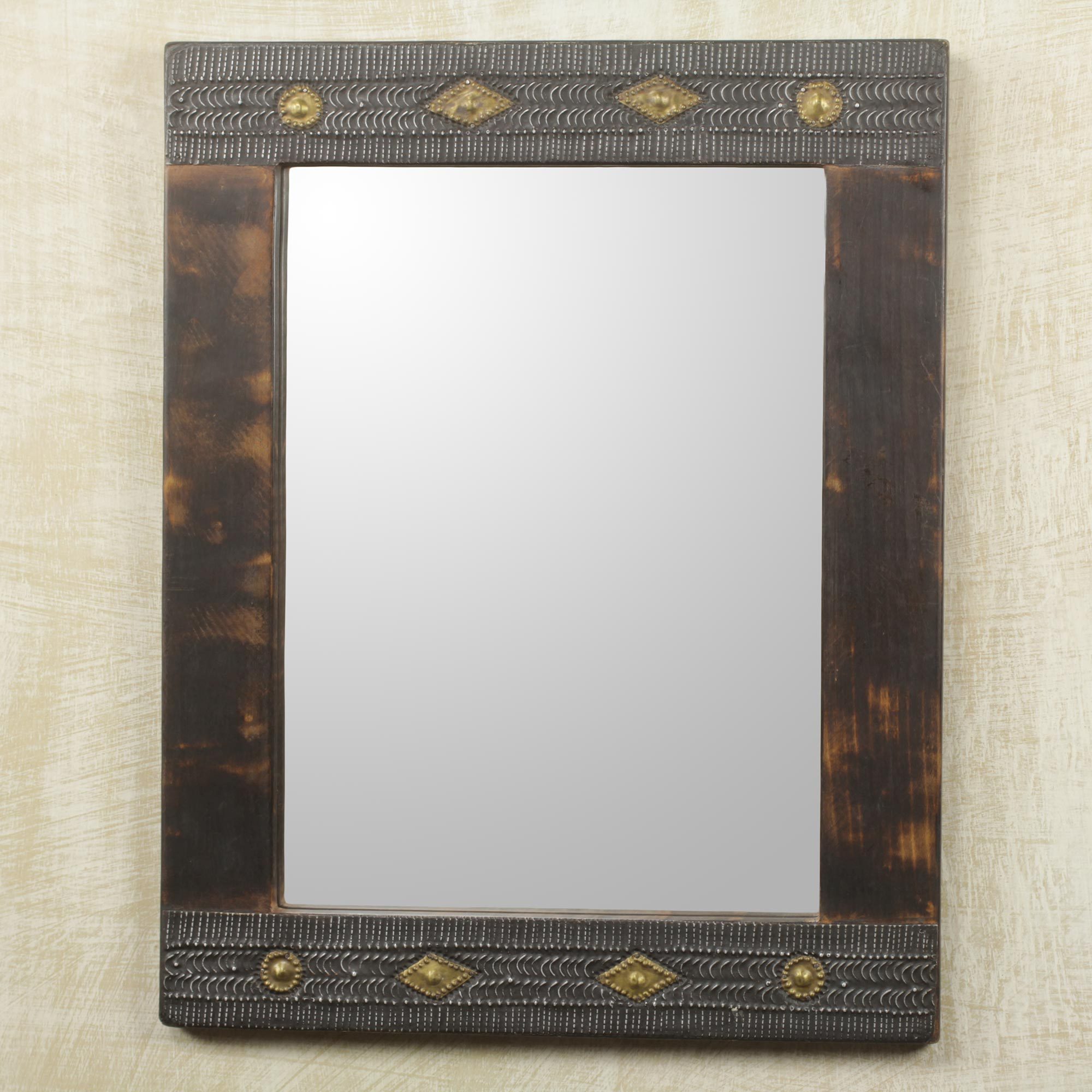 African Artisan Crafted Rustic Wood Wall Mirror from Ghana Antique