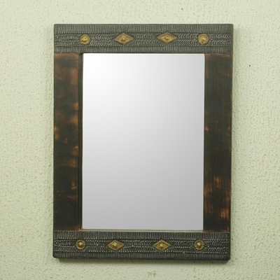 Wall mirror, 'Antique Textures' - African Artisan Crafted Rustic Wood Wall Mirror from Ghana