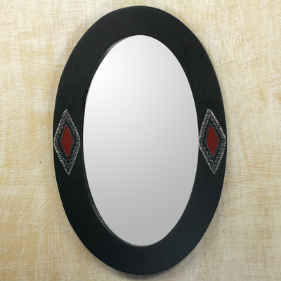 Wood wall mirror, 'Diamond Eyes' - Oval Shaped Wood Framed Wall Mirror with Diamond Motifs