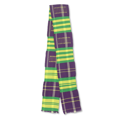 Cotton blend kente cloth scarf, 'Nyiraba' (5 inch width) - Narrow Purple and Green Kente Cloth Scarf (5 Inch Width)