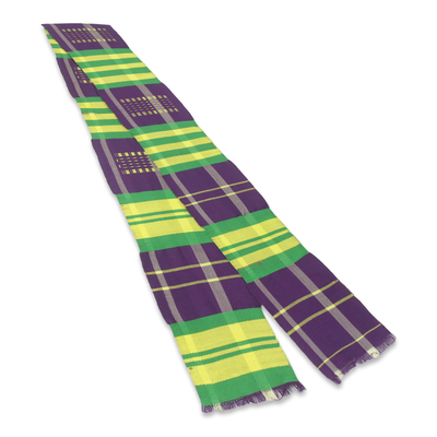 Cotton blend kente cloth scarf, 'Nyiraba' (5 inch width) - Narrow Purple and Green Kente Cloth Scarf (5 Inch Width)