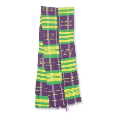 Cotton blend kente cloth scarf, 'Nyiraba' (9 inch width) - Purple Green and Yellow Kente Cloth Scarf (9 Inch Width)