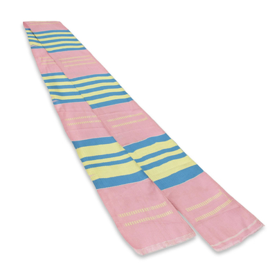 Cotton blend kente cloth scarf, 'Faith' (5 inch width) - Pink Blue and Cream Kente Scarf from Africa (5 Inch Width)