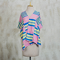 Cotton blend kente cloth scarf, 'Faith' (13 inch width) - Handmade Pink Cream and Blue African Kente Scarf
