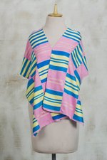 Cotton blend kente cloth scarf, 'Faith' (13 inch width) - Handmade Pink Cream and Blue African Kente Scarf