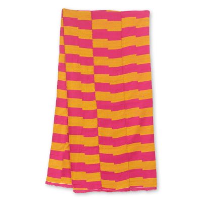 Cotton blend kente cloth scarf, 'Pink Lady' (14 inch width) - Artisan Crafted Pink and Orange Kente Scarf (14 Inch Width)