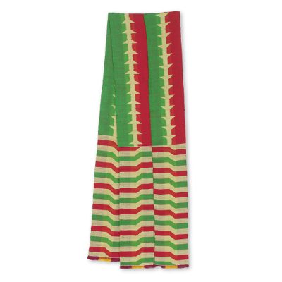 Cotton blend kente cloth scarf, 'Obasima' (9 inch width) - Artisan Crafted Green and Red Kente Scarf (9 Inch Width)