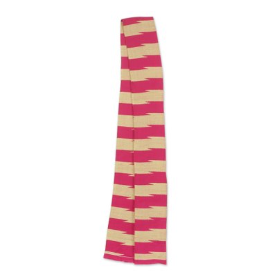 Cotton blend kente cloth scarf, 'Praise' (4 inch width) - Cotton Blend Ivory and Cerise Kente Scarf (4 Inch Width)