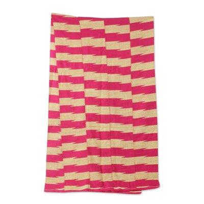 Cotton blend kente cloth scarf, 'Praise' (17 inch width) - African Kente Scarf in Cerise and Ivory (17 Inch Width)