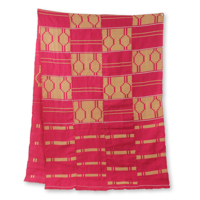 Cotton blend kente cloth scarf, 'Princess' (22 inch width) - Hand Woven Pink and Ivory Kente Scarf (22 Inch Width)