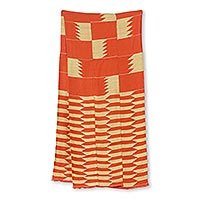 Cotton blend kente cloth scarf, 'Asomdwe Hene' (14 inch width) - Bold Orange and Ivory Kente Scarf from Ghana (14 Inch Width)