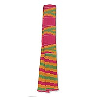 Cotton blend kente cloth scarf, 'Ahoufe' (4 inch width) - Colorful Handwoven African Kente Cloth Scarf (4 Inch Width)