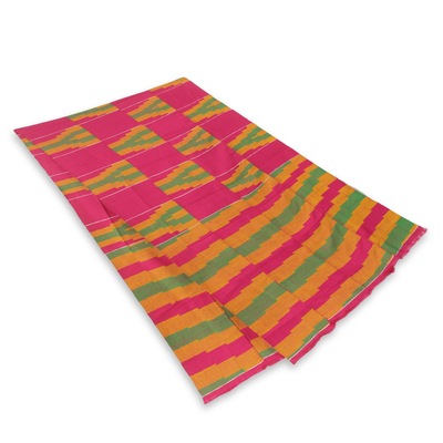 Cotton blend kente cloth scarf, 'Ahoufe' (16 inch width) - Fair Trade Pink Green and Orange Kente Scarf (16 Inch Width)