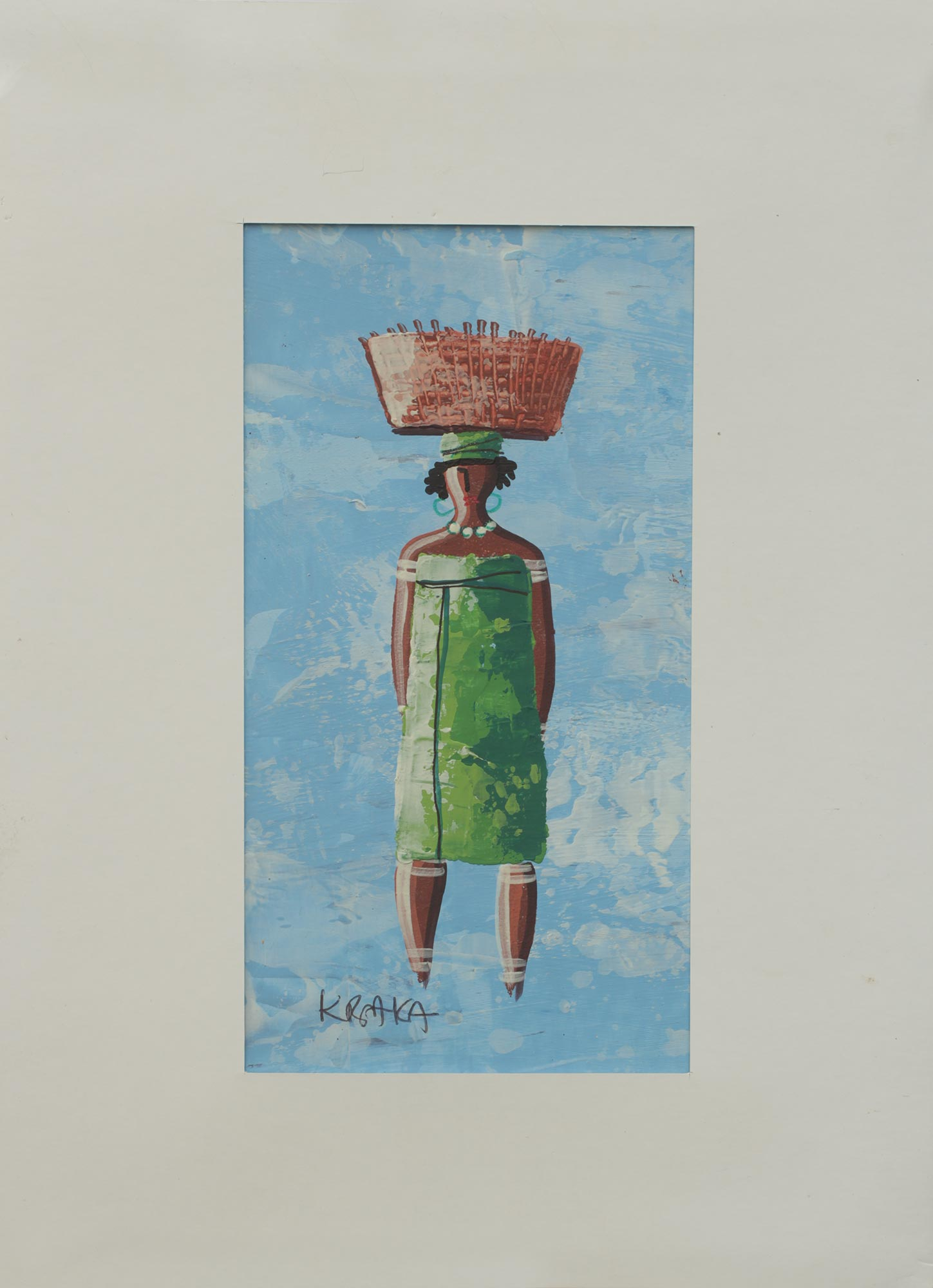 African Woman With Basket Painting With Mat Board Signed Basket