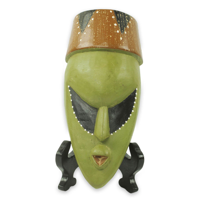 Máscara de madera africana - Máscara de Efo africana verde tallada a mano con soporte