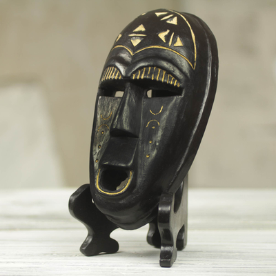 African wood mask, 'Hola' - Hand Carved African Wood Smiling Mask with Stand