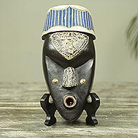 African wood mask and stand, 'Ewe Blessing' - Ghana Handcrafted Genuine African Mask and Display Stand